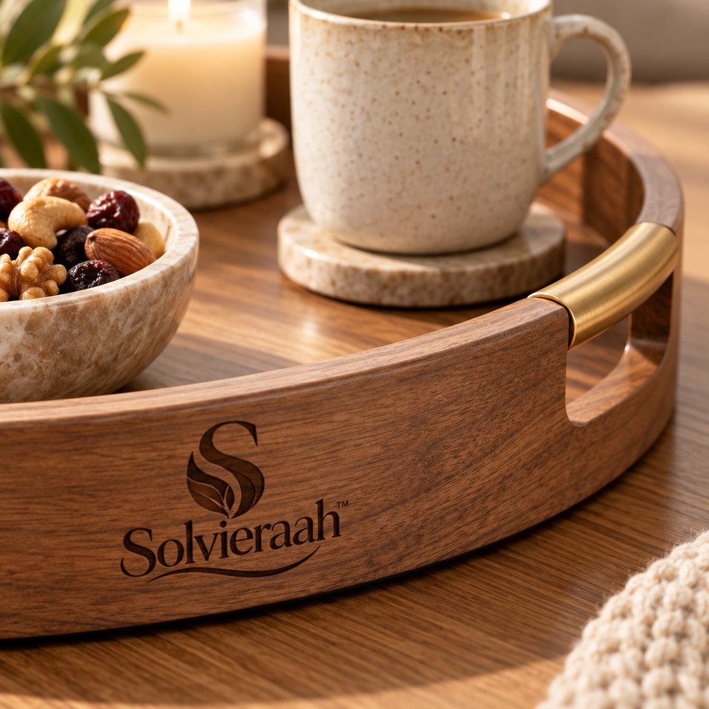 Solvieraah™ Round Wooden Serving Tray with Handles — view 1