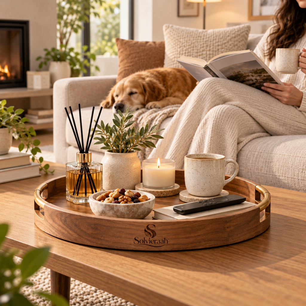 Solvieraah™ Round Wooden Serving Tray with Handles — view 4