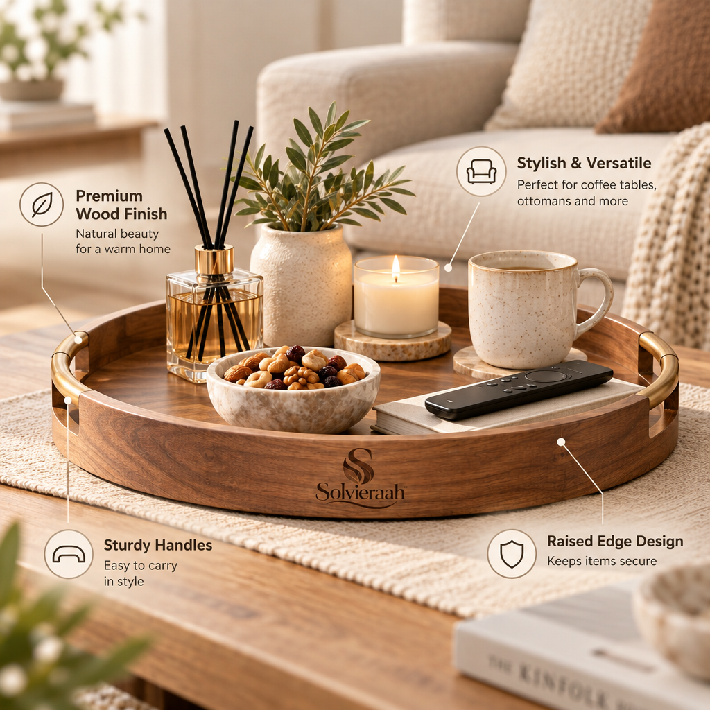 Solvieraah™ Round Wooden Serving Tray with Handles — view 5