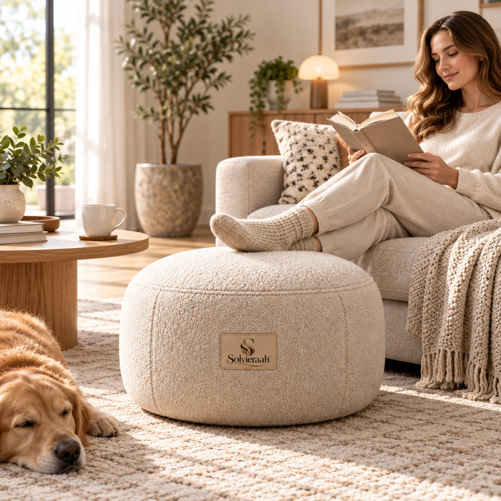 Solvieraah™ Round Textured Upholstered Ottoman — view 4