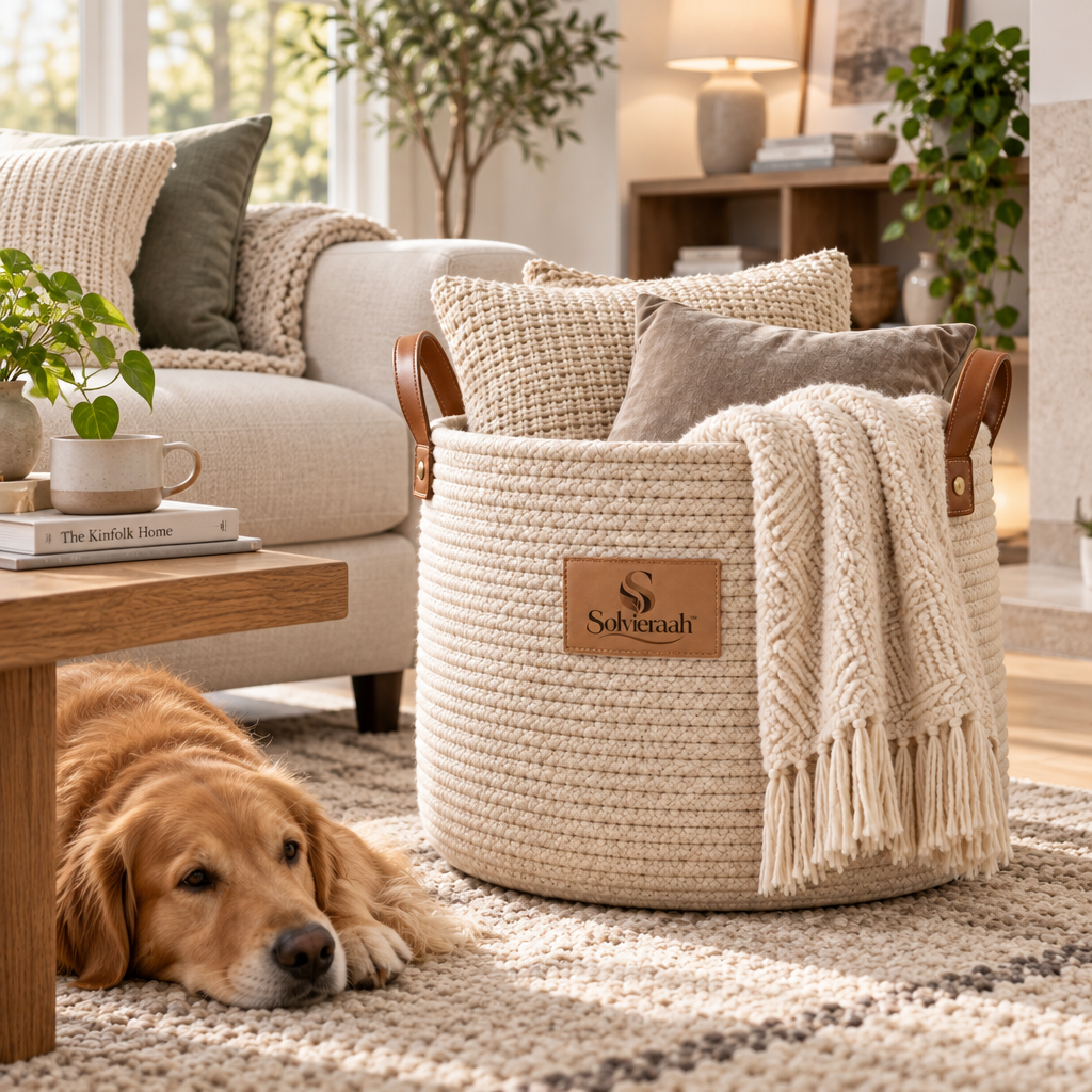Solvieraah™ Woven Blanket Storage Basket with Handles — view 4