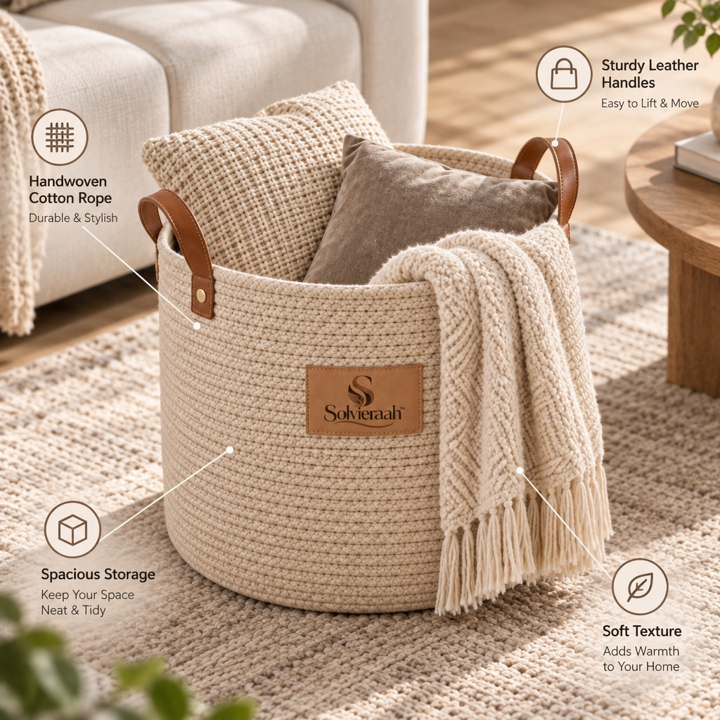 Solvieraah™ Woven Blanket Storage Basket with Handles — view 5