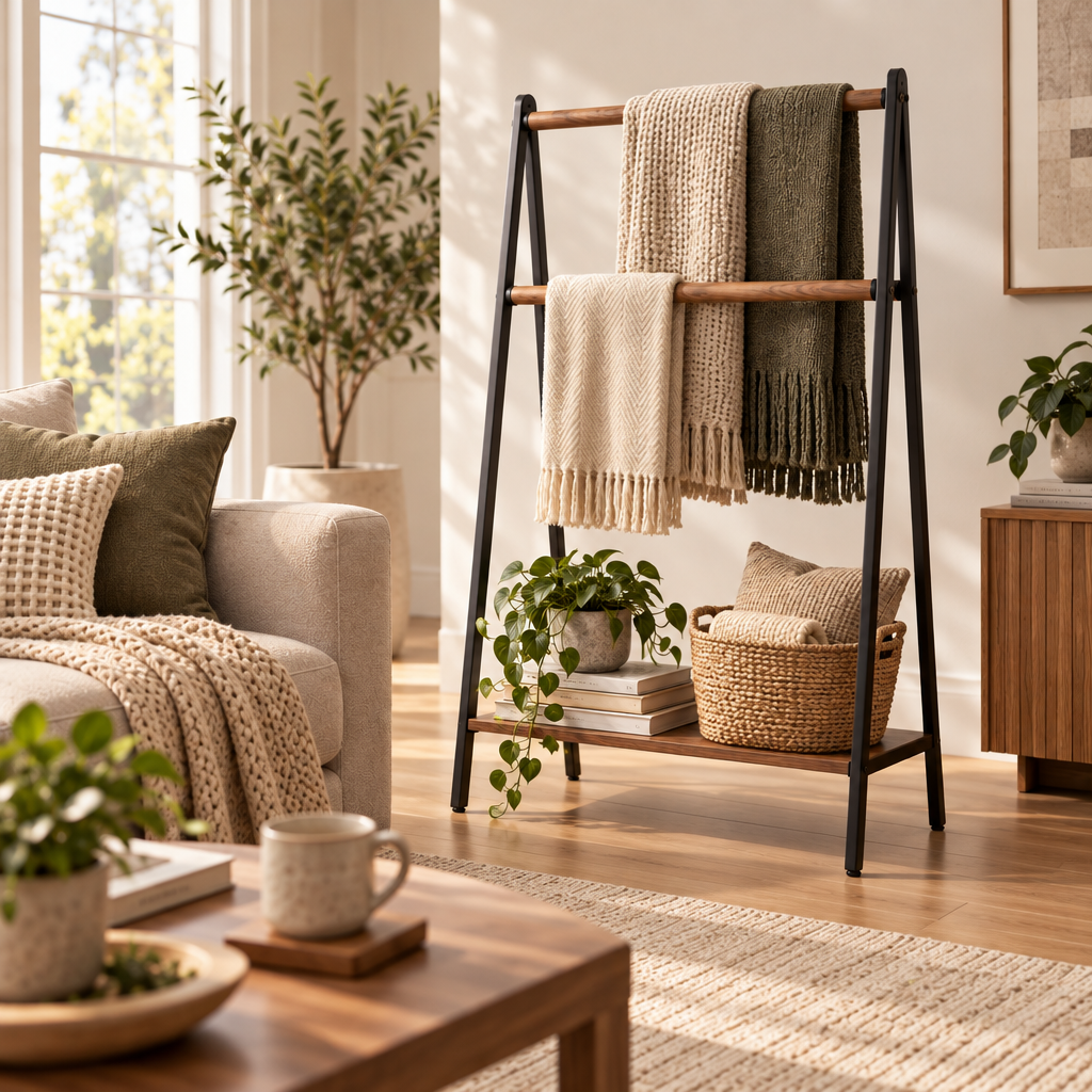 Solvieraah™ Blanket Ladder Rack with Bottom Shelf — view 4