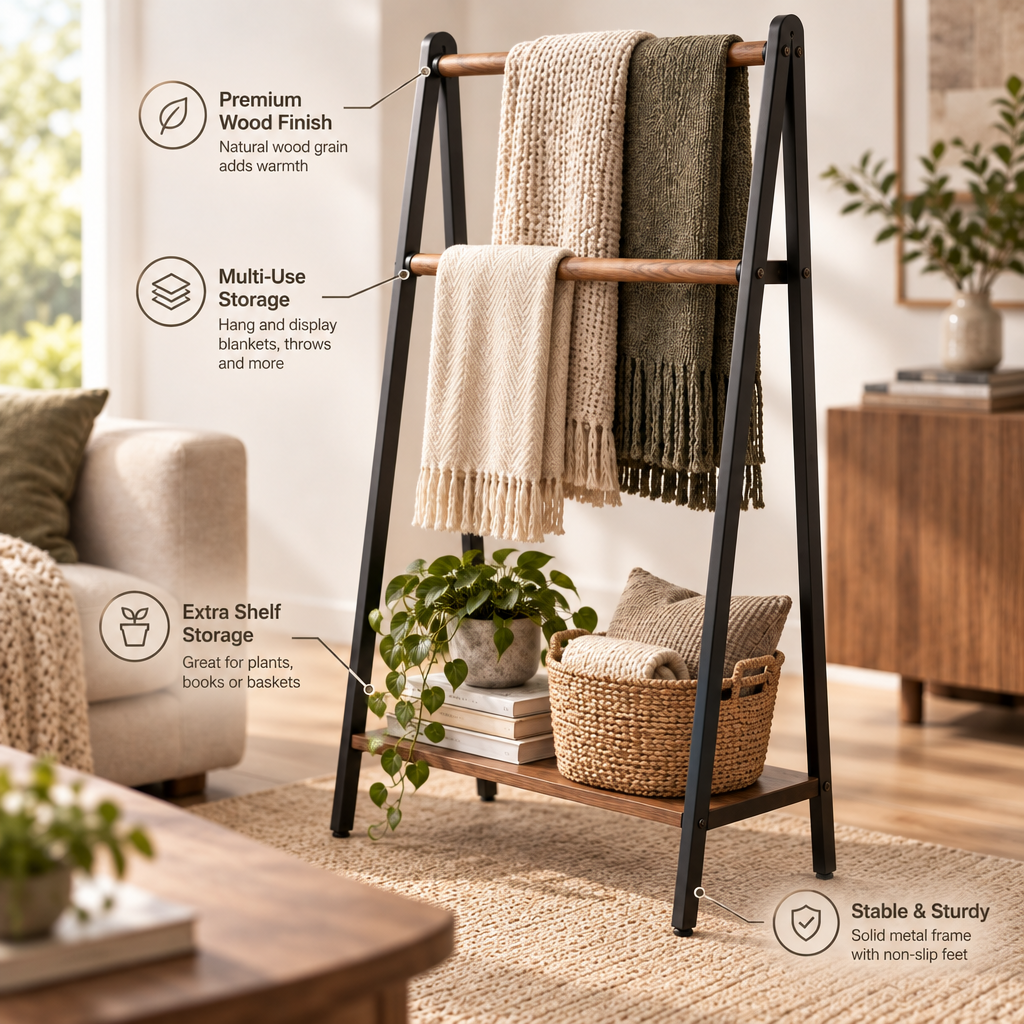 Solvieraah™ Blanket Ladder Rack with Bottom Shelf — view 5