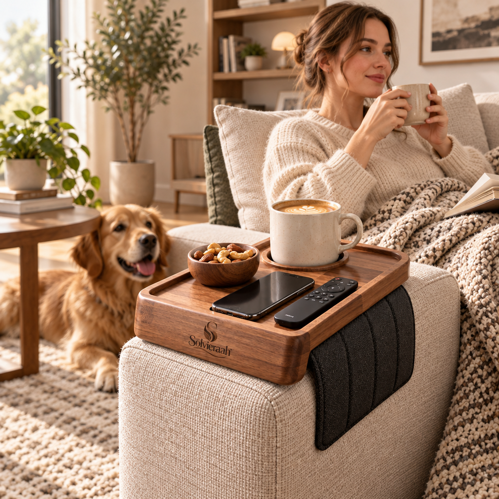 Solvieraah™ Sofa Armrest Tray Table with Cup Holder — view 4