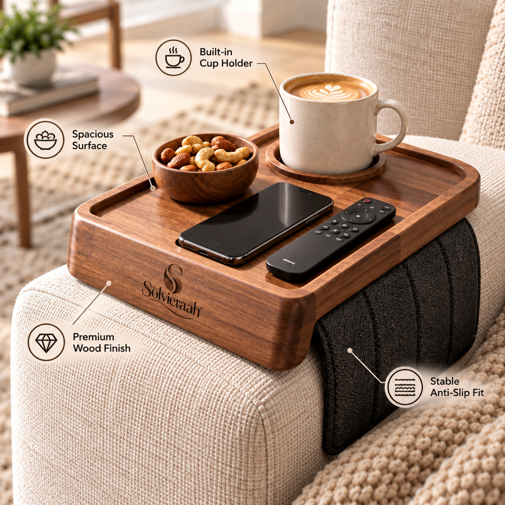 Solvieraah™ Sofa Armrest Tray Table with Cup Holder — view 5